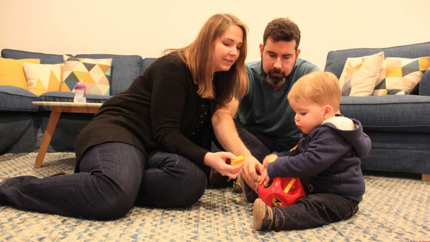 A man and woman sit on a rug in a living room and play with a toddler.