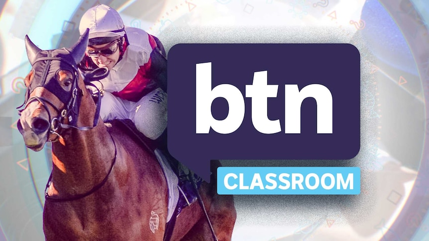 A racing horse and it's jockey pop out from behind the BTN logo.