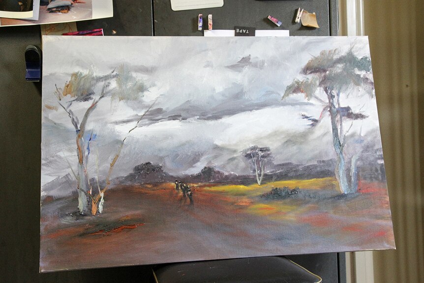 A painting of a line of dark figures, walking through an bushy Australian landscape.
