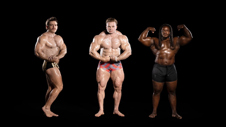 Heads of three members of band black midi superimposed onto the bodies of comically muscular men
