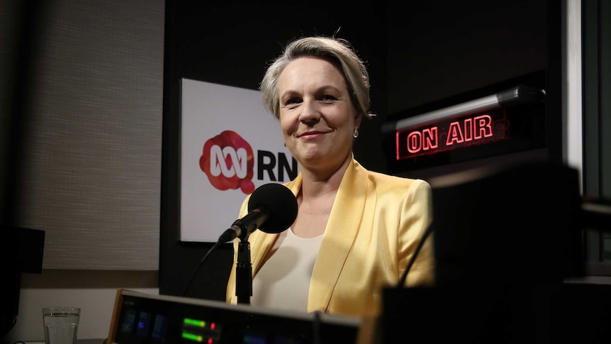 Tanya Plibersek smiles while sitting in a radio studio in front of an "on air" light