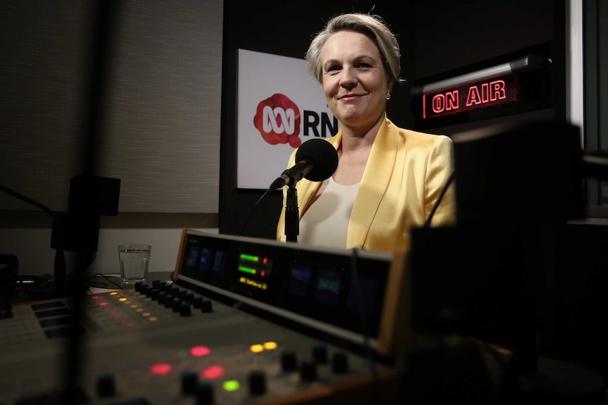 Tanya Plibersek smiles while sitting in a radio studio in front of an "on air" light