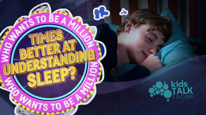 Boy sleeps while dream bubbles of the game show "who wants to be a million times better at understanding sleep" are above.