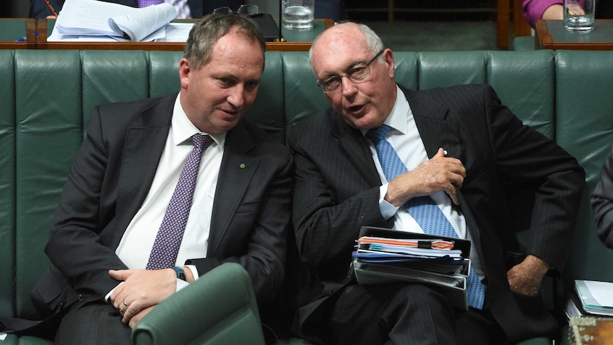 Barnaby Joyce and Warren Truss sit together in Parliament.