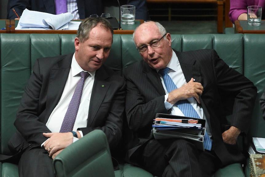 Barnaby Joyce and Warren Truss sit together in Parliament.