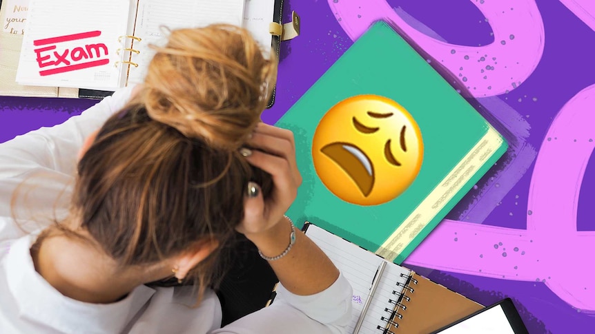 An international student sits at a desk with her head in her hands, with a diary, academic English textbook and notebook.