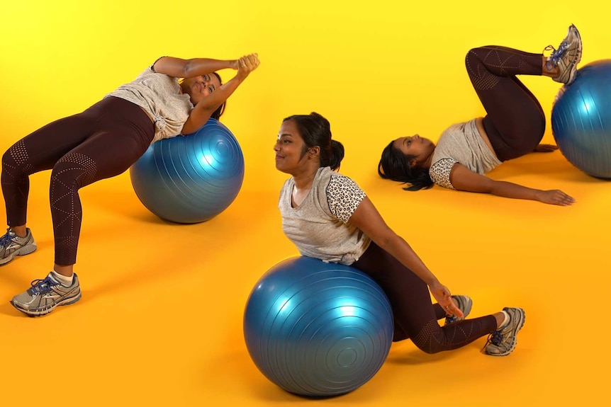 A young women displays three fitness ball exercises to strengthen core and stability at home.