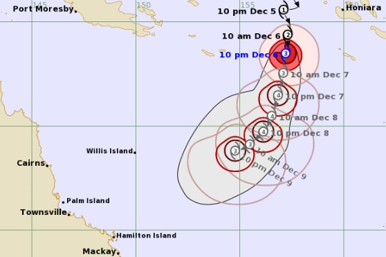 An image displaying the track pattern of Cyclone Jasper pointing towards a region between Townsville and Mackay
