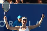Shock complete: Mona Barthel of Germany celebrates victory in the Hobart final.