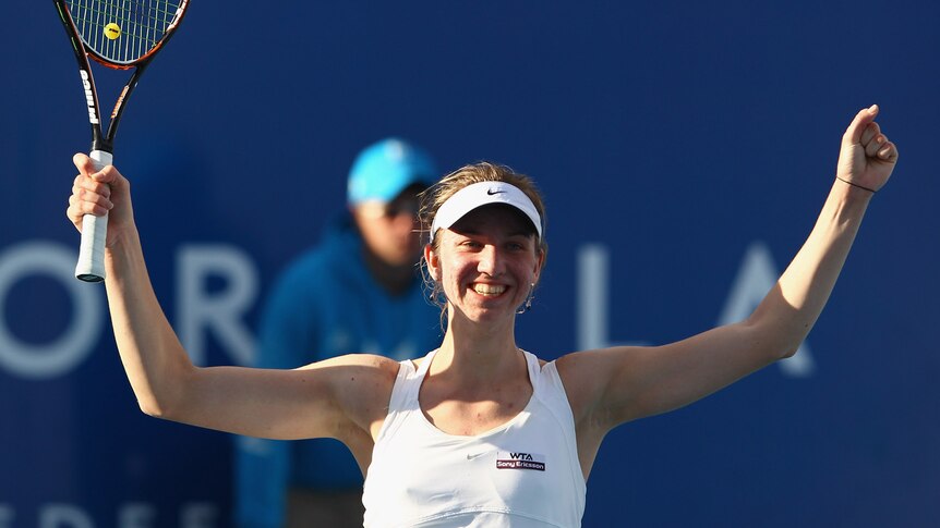 Shock complete: Mona Barthel of Germany celebrates victory in the Hobart final.
