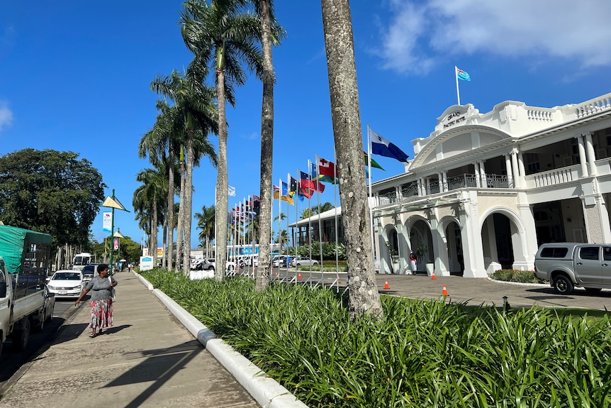 A general view of Grand Pacific Hotel, the venue for Pacific Islands Forum, with flags of the nations out the front. 