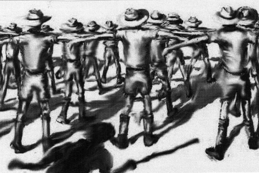 A black and white painting of POWS standing in rows with their arms held up as punishment.
