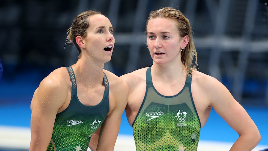 Emma McKeon and Ariarne Titmus during the women's 4x200m relay
