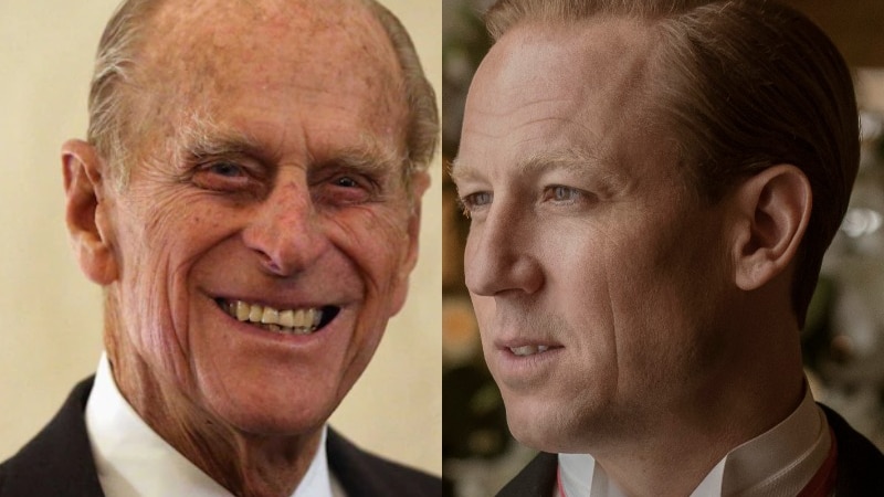 A composite image of an elderly Prince Philip and an actor playing a younger version