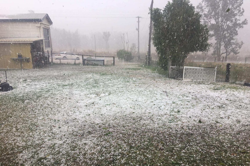 Hail carpeting the grass at a Gatton property in southern Queensland on September 22,2017.