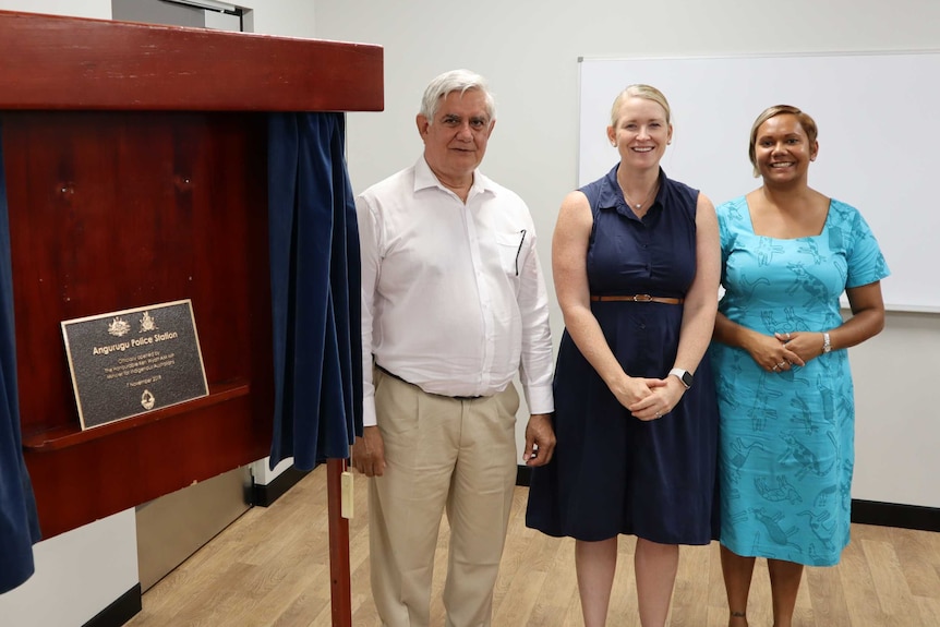 Minister for Indigenous Australians Ken Wyatt, with NT Police Minister Nicole Manison and Education Minister Selena Uibo.