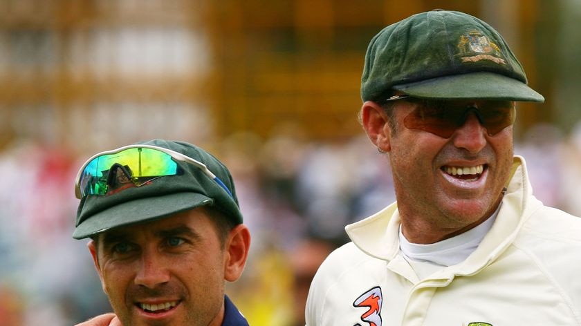 Justin Langer and Matthew Hayden celebrate after Australia's Ashes victory