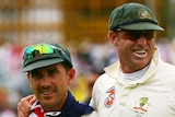 Justin Langer and Matthew Hayden celebrate after Australia's Ashes victory