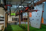 Obstacle equipment attached to the ceiling with rock climbing walls in the background. 