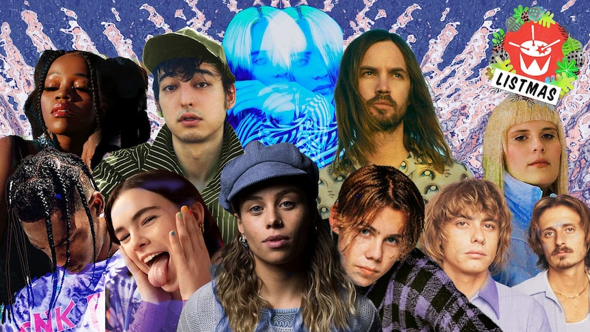 A collage of artists from triple j's 50 most played artists of 2020
