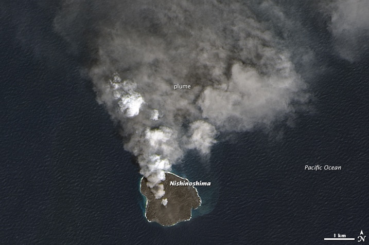 NASA satellite image of volcanic eruptions on Nishinoshima