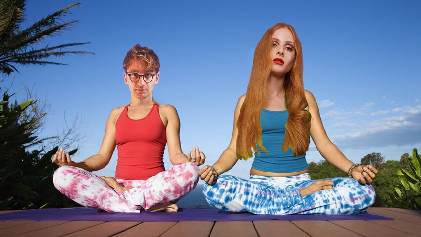 Dave Bayley from Glass Animals and Vera Blue photoshopped onto two women meditating