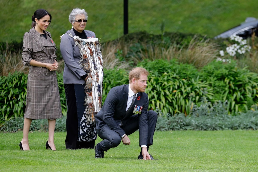 Prince Harry kneels in traditional Maori welcome ceremony