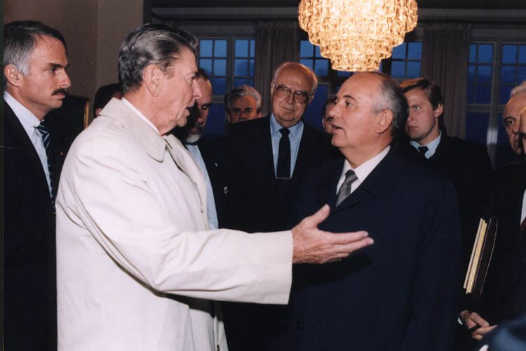 President Reagan says goodbye to Soviet General Secretary Gorbachev after the last meeting at Hofdi House, Reykjavik, Iceland.