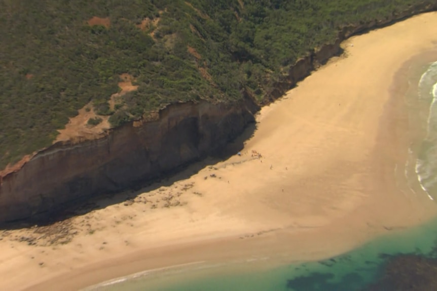 Cliffs at Bells Beach, with part of the beach in view from an Ariel shot.