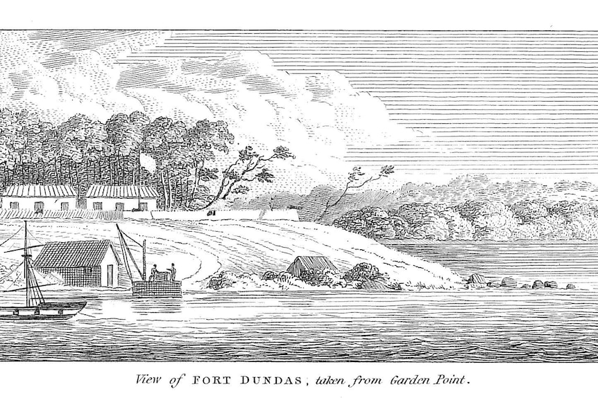 A black-and-white drawing of a early colonial settlement by the sea, showing a few structures and one boat.