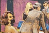 Ghislaine Maxwell depicted sitting with her lawyers in a courtroom sketch