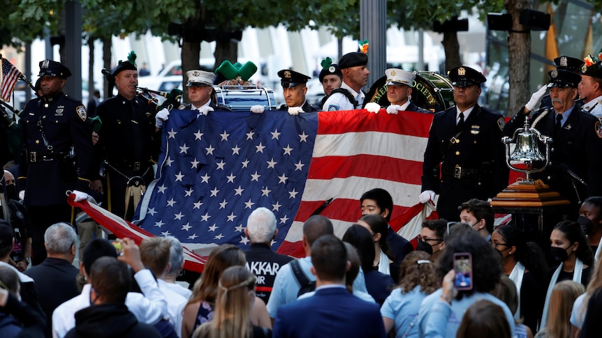 The US flag unveiled at the 20th anniversary of the September 11 attacks in New York City.