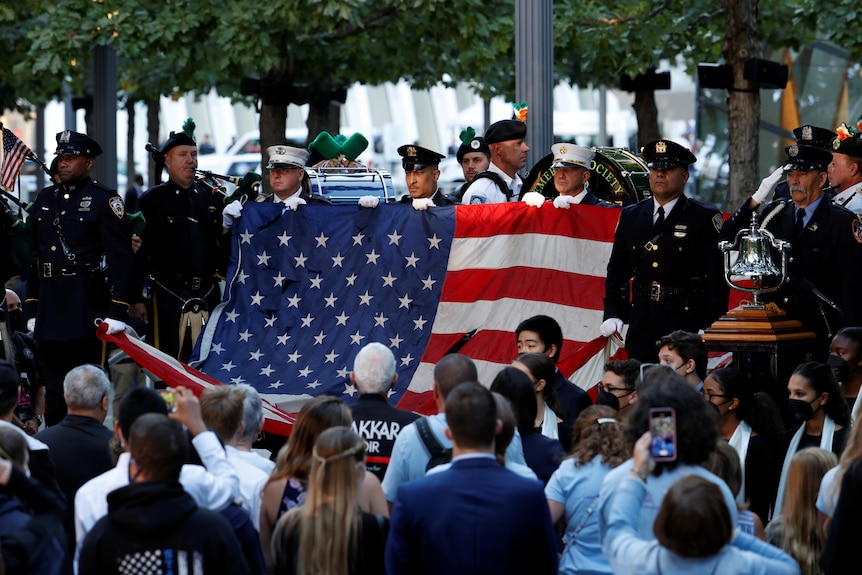 The US flag unveiled at the 20th anniversary of the September 11 attacks in New York City.