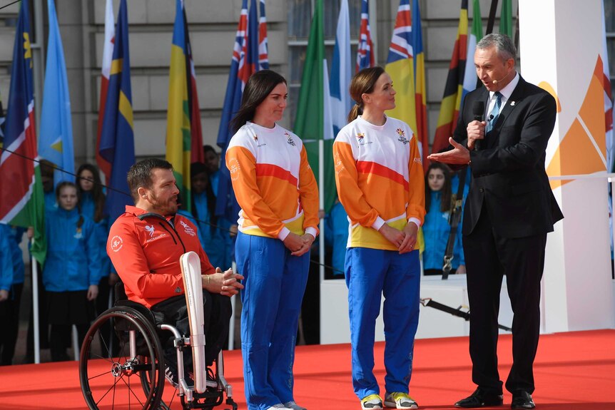 Kurt Fearnley, Anna Meares (C) and Victoria Pendleton (2R) at Commonwealth Games baton relay launch.