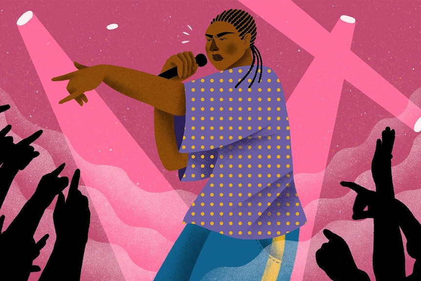 An illustration of an African American girl with cornrows in her hair, holding a microphone and performing to a crowd.