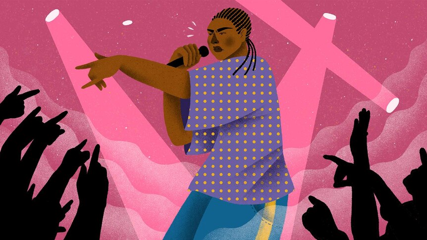 An illustration of an African American girl with cornrows in her hair, holding a microphone and performing to a crowd.