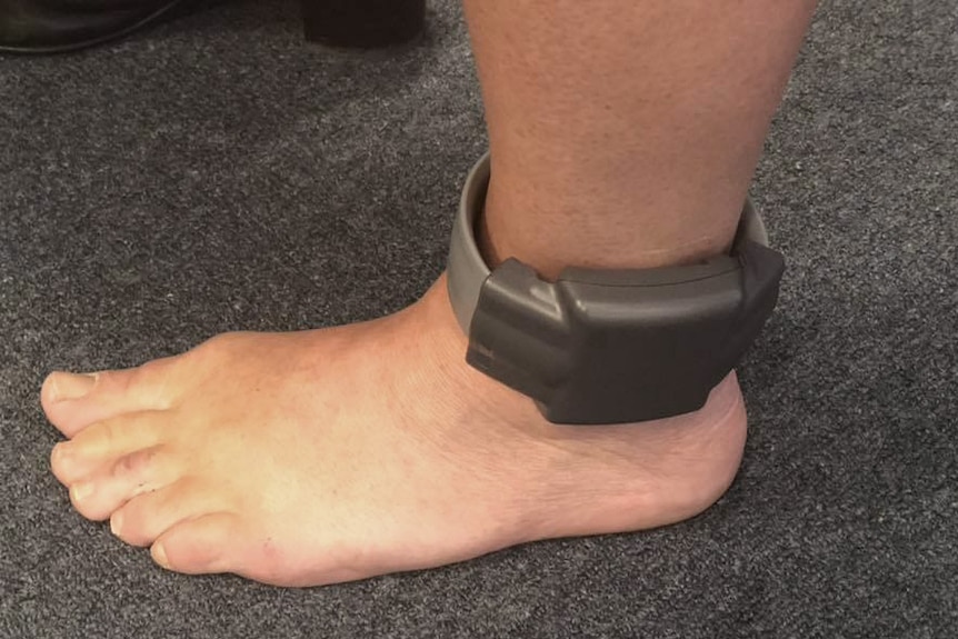 A close-up of a person's foot, wearing GPS tracking device around the ankle.