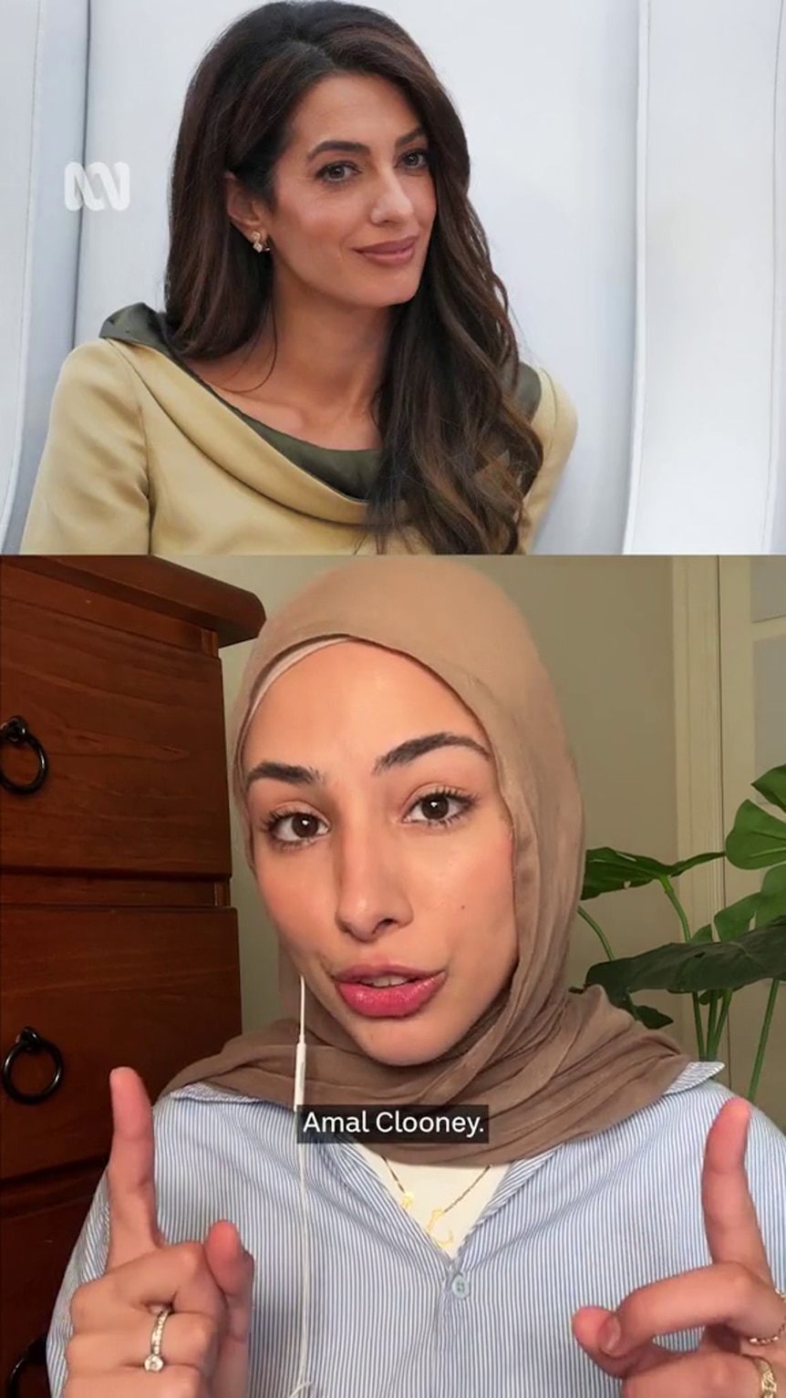 Photo composite shows two Middle Eastern women, one with long hair and one wearing hijab and pointing both index fingers up