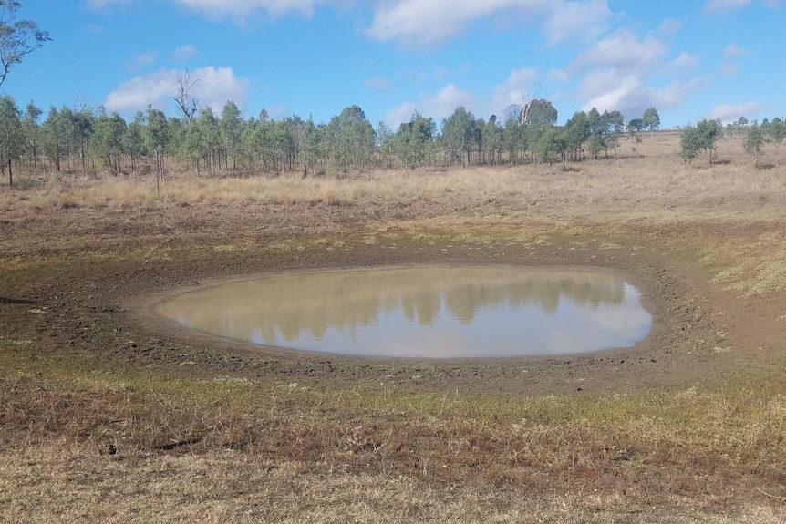 A nearly empty dam and dry paddocks around.