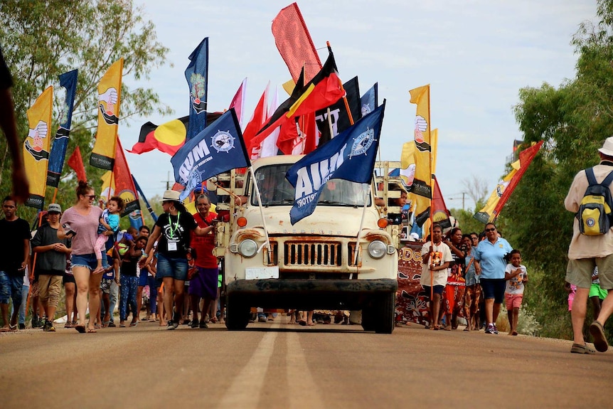 Celebration of 50th anniversary Wave Hill walk-off re-enactment at Kalkarindji