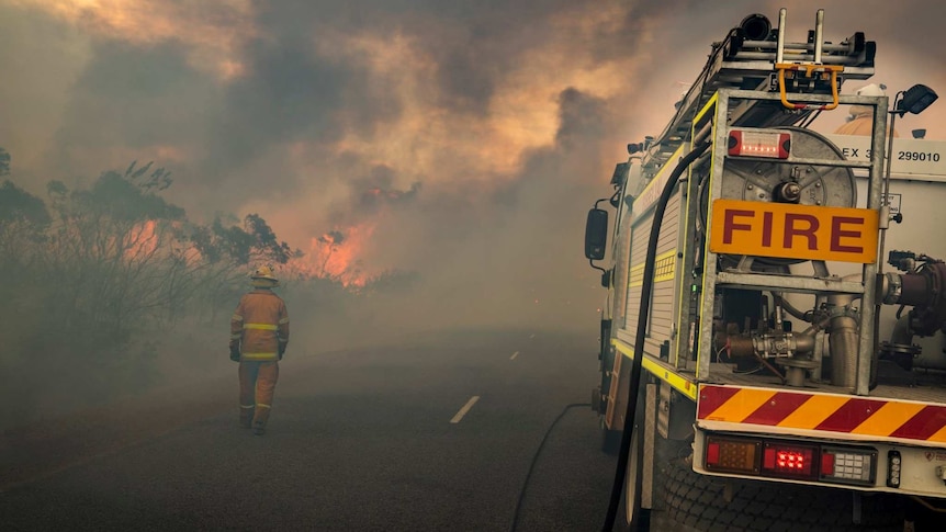 A firefighter walks along a road with flames in front of him. Smoke is everywhere.