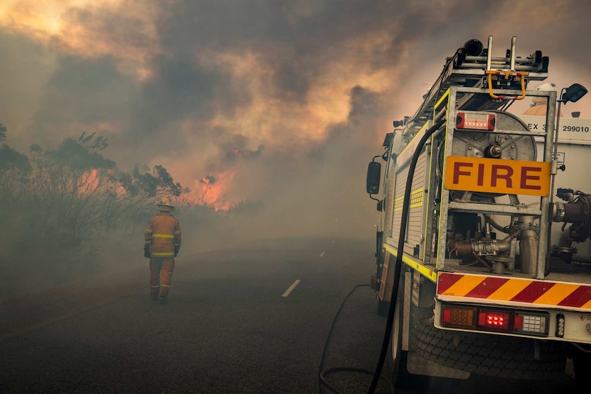 A firefighter walks along a road with flames in front of him. Smoke is everywhere.