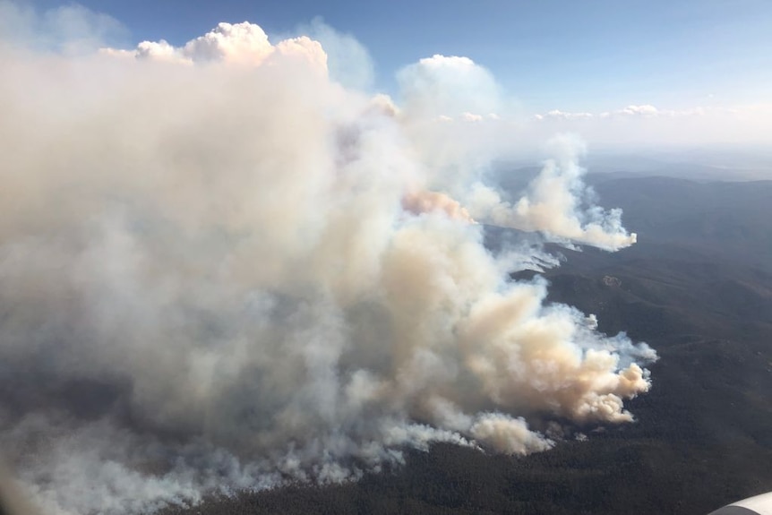 An aerial view of bushfires burning south of Canberra