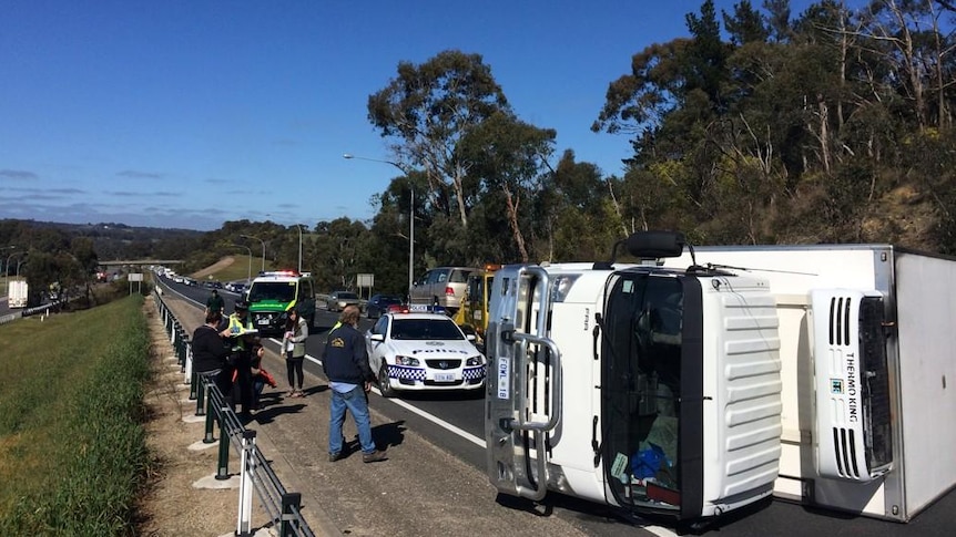 Truck rolls over at Hahndorf