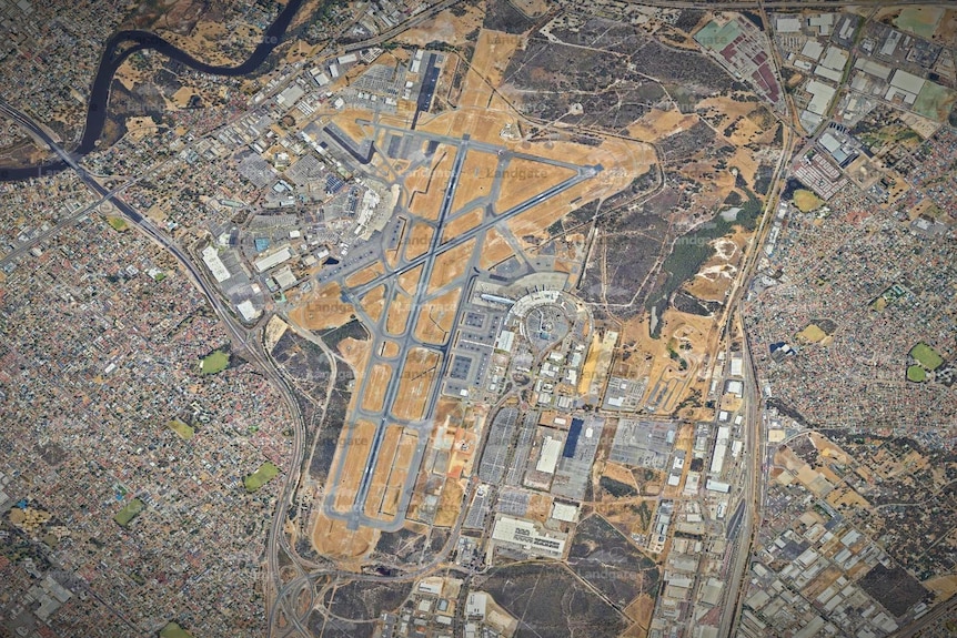 An aerial photo of an airport footprint