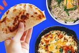 A hand holding a cheese-filled quesadilla next to a bowl of instant noodles and omelette to depict five-minute meals.