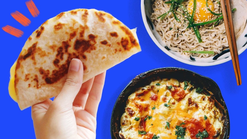 A hand holding a cheese-filled quesadilla next to a bowl of instant noodles and omelette to depict five-minute meals.