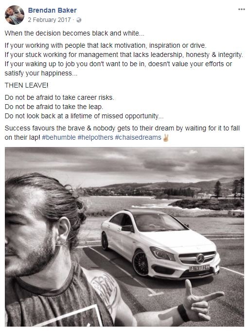 A Facebook post featuring an inspirational message and a man in front of a white Mercedes.