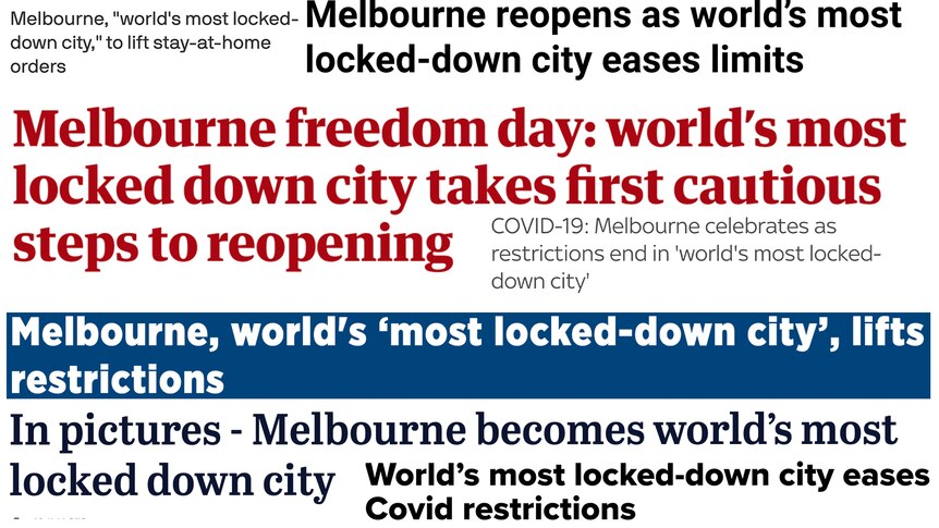 Various headlines in different colours with variations on "Melbourne is the world's most locked-down city"