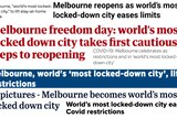 Various headlines in different colours with variations on "Melbourne is the world's most locked-down city"